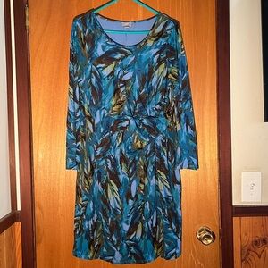 Beautiful J.Jill Wearever Teal Leaf/Feather Pattern Long Sleeve Dress - Size LP
